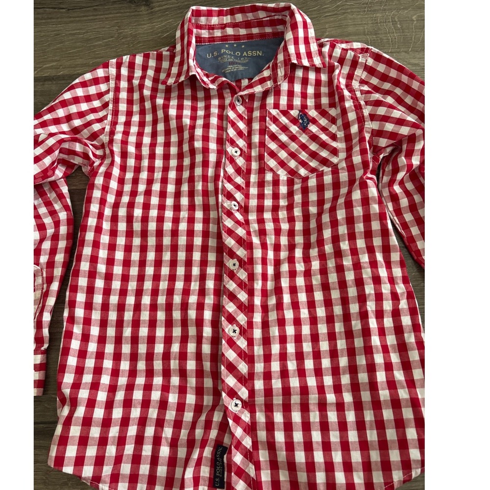 U.S. Polo Assn Boys Red White Gingham Button Down Shirt Size 10/12 Long Sleeve